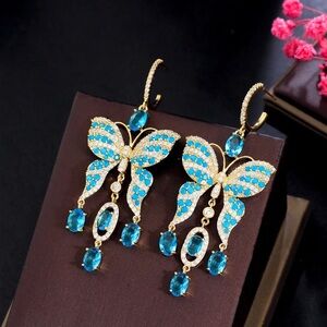 Gold and Blue Butterfly Dangle Earrings